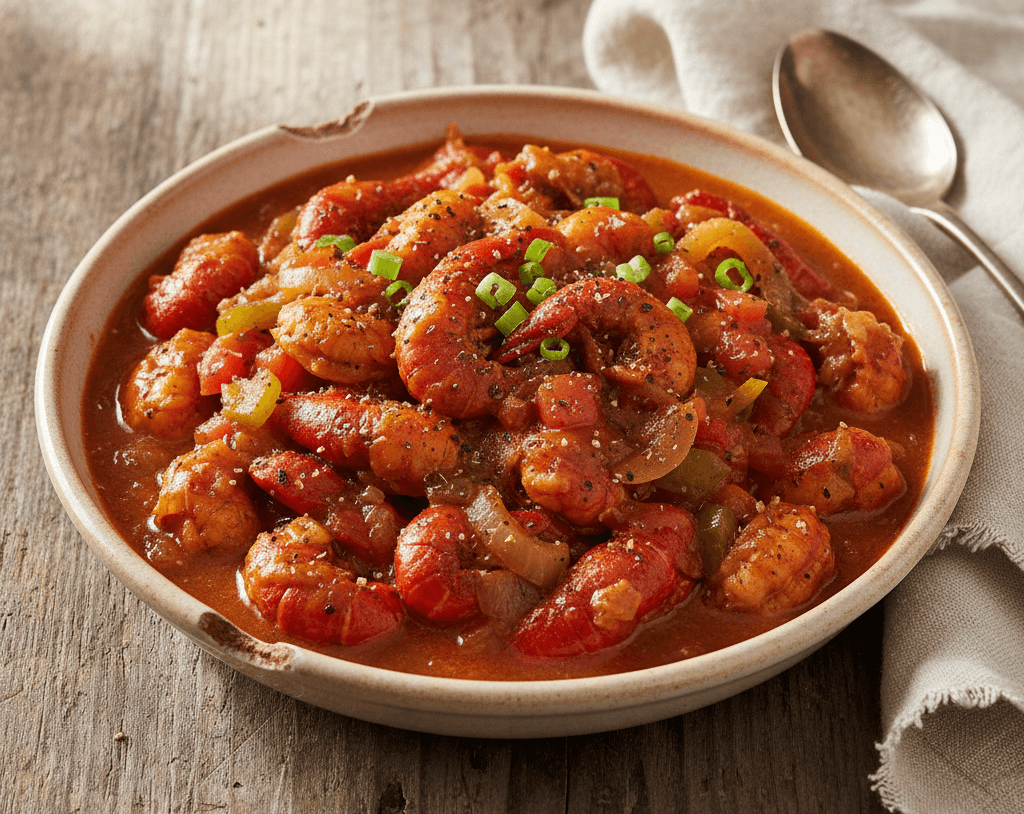 Budget-friendly crawfish recipe with crawfish tails cooked in a seasoned sauce with onions, bell peppers, celery, and tomatoes, served in a rustic bowl