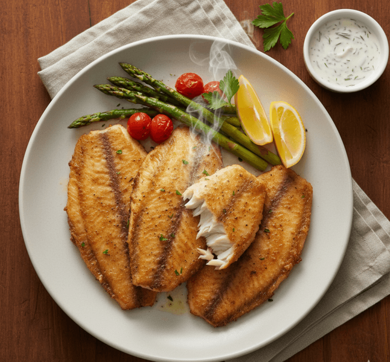 Golden, tender air fryer tilapia served on a plate with vegetables.