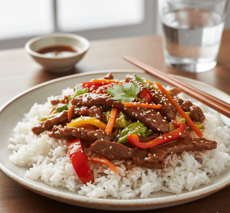 Budget-friendly Beijing beef served over steamed rice with vegetables and sesame seed garnish.