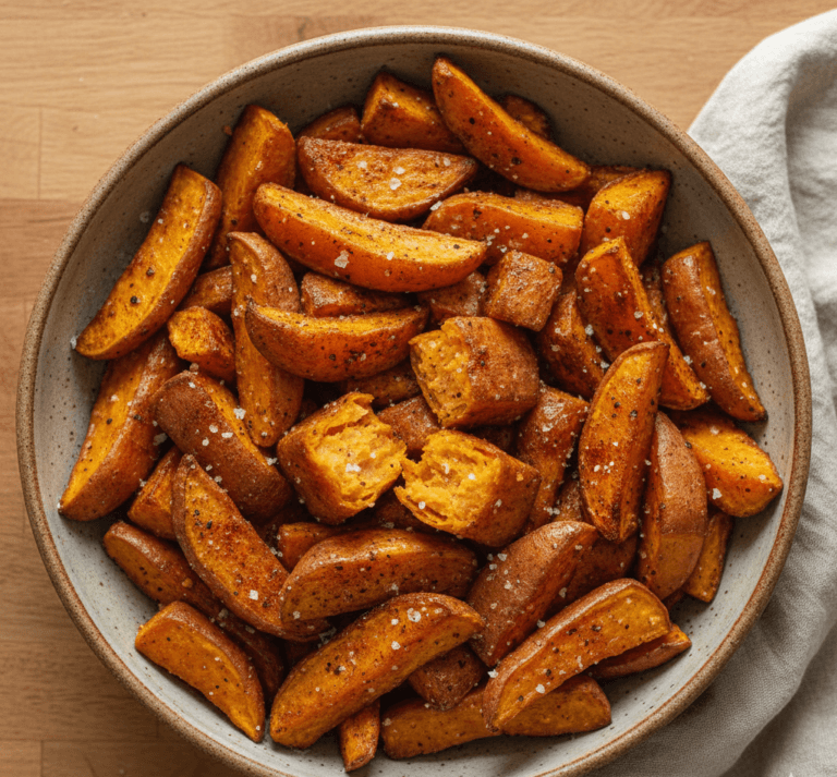 Golden air fryer sweet potatoes with crisp edges and soft interiors