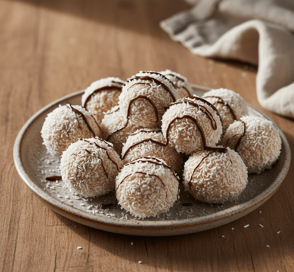Plated coconut balls with coconut flakes and chocolate drizzle on a rustic ceramic plate