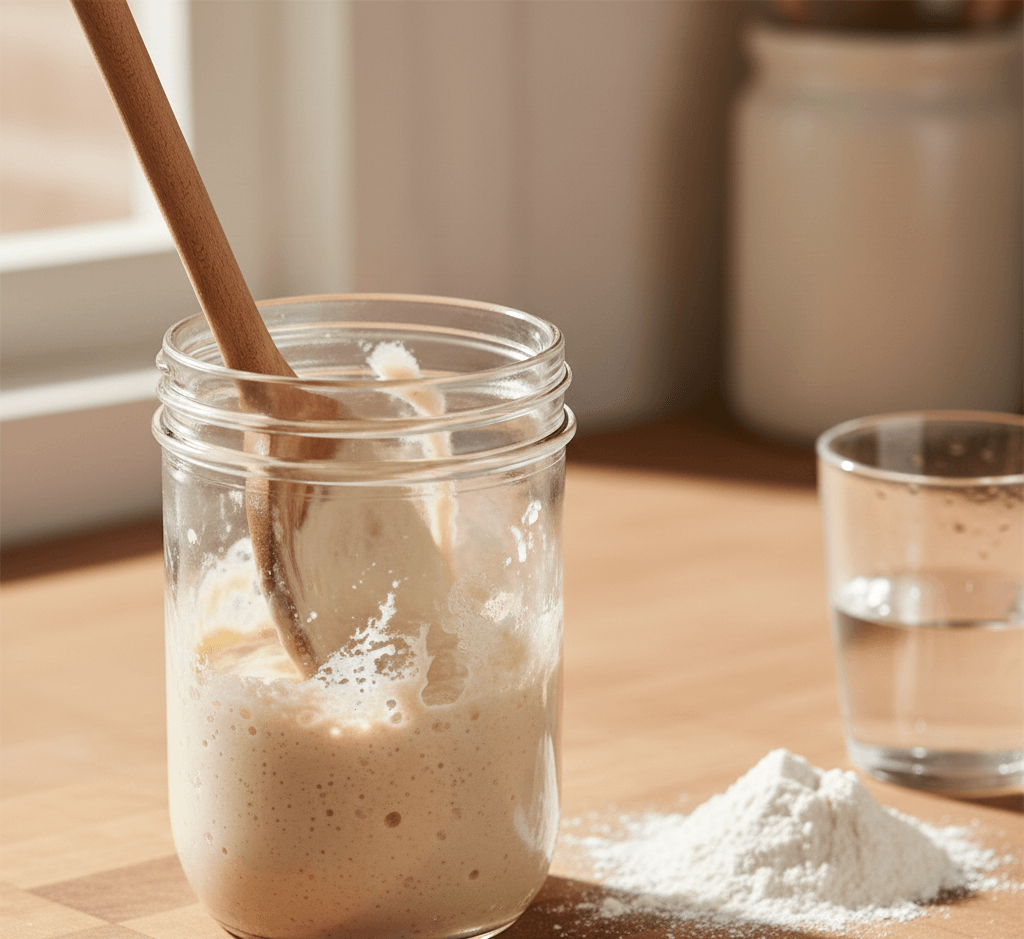 Feeding a sourdough starter with flour and water in a glass jar