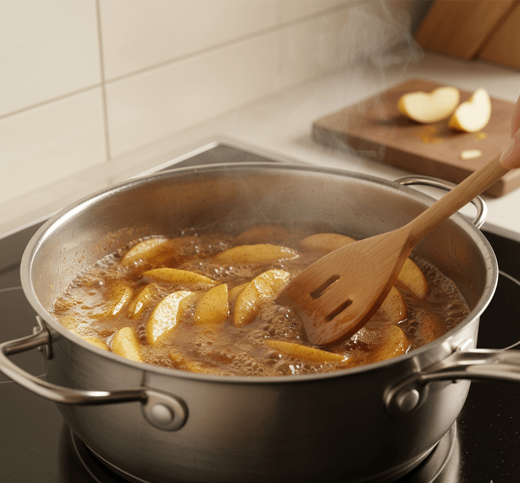 Apple pie filling simmering on the stove as the syrup thickens around sliced apples
