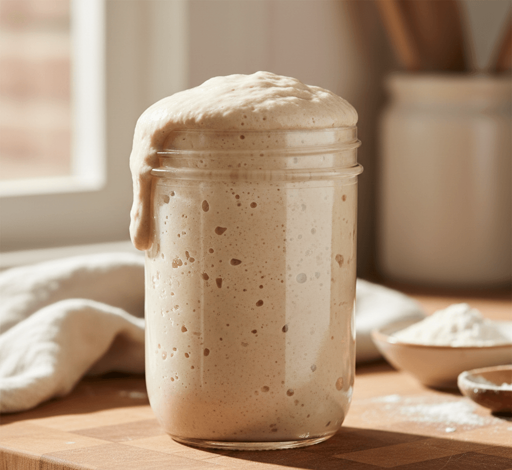 Sourdough discard stored in a glass jar with natural fermentation bubbles