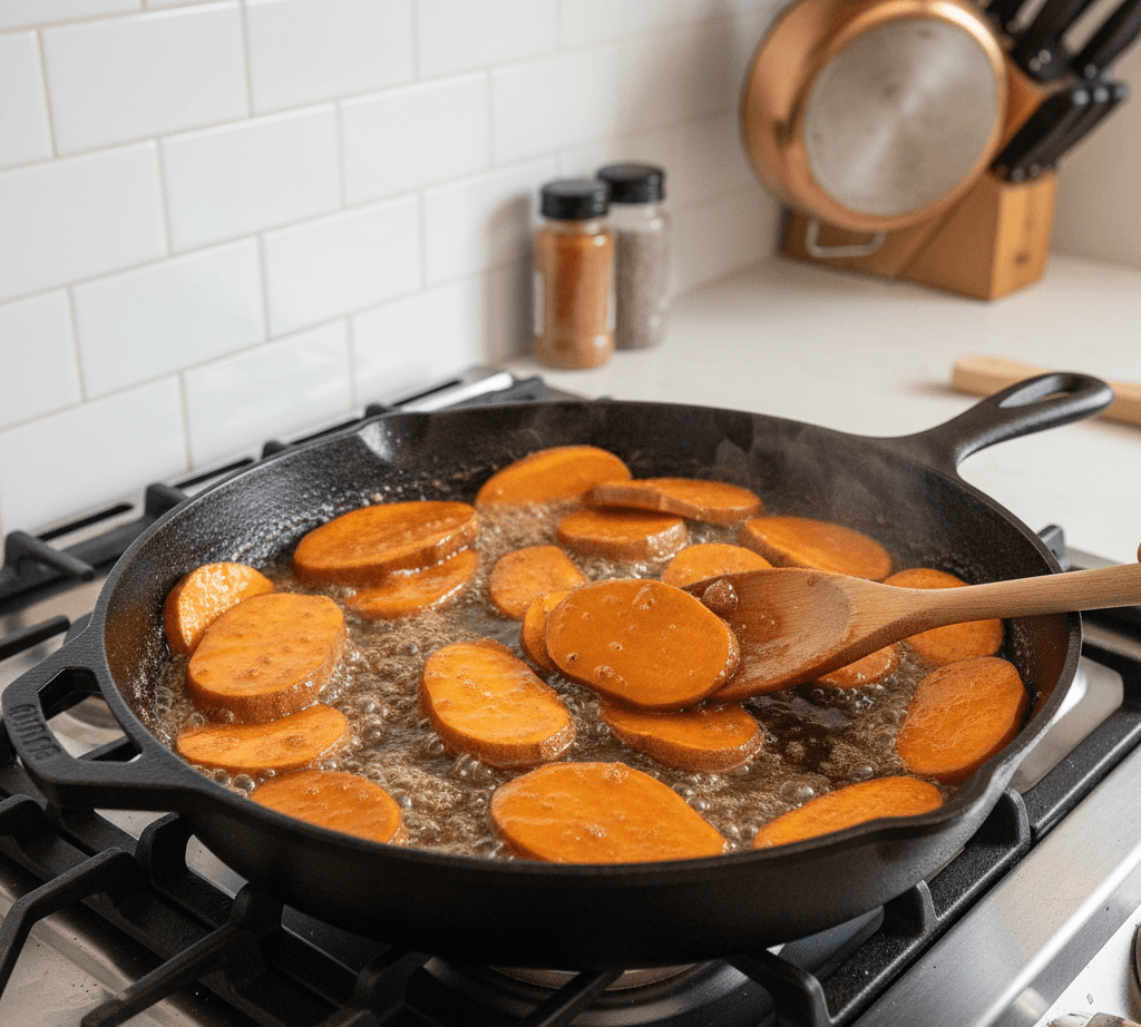 Candied yams simmering on the stove in a butter and brown sugar syrup