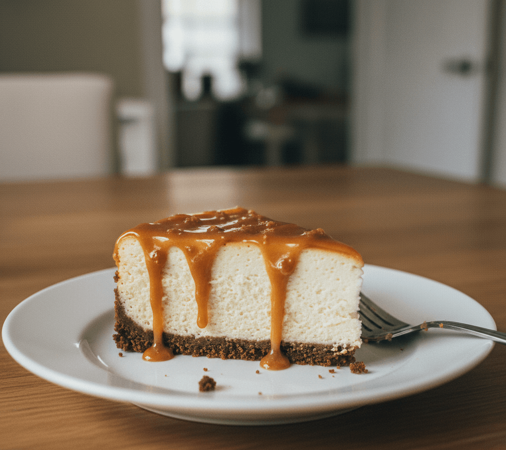 Slice of Biscoff cheesecake showing creamy texture and cookie crust