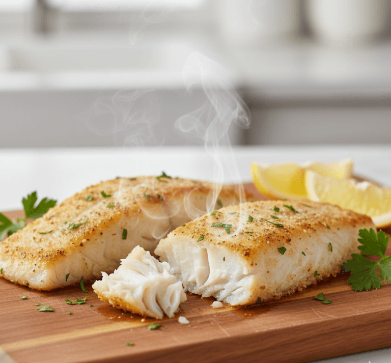Golden, cooked cod fillets with tender, flaky interior.
