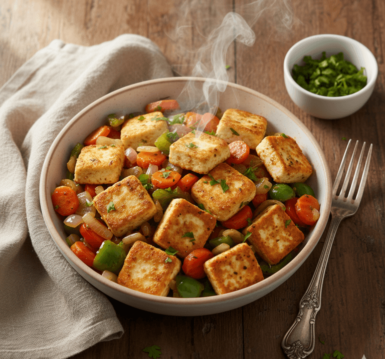 Hot cottage cheese skillet with sautéed onions, carrots, and capsicum in a bowl