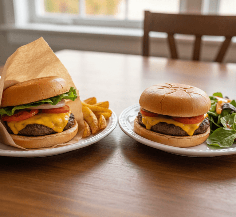 Air fryer hamburgers served with simple sides on a dinner plate