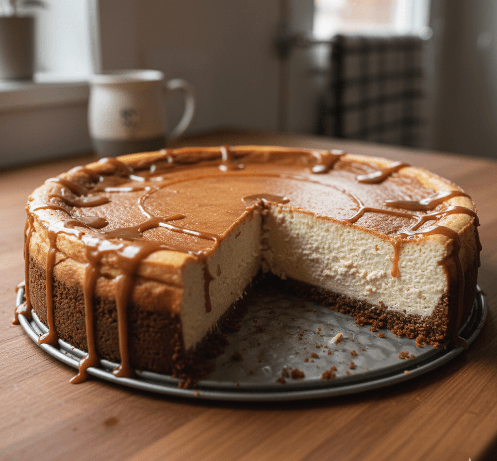 Biscoff cheesecake with spiced cookie crust and smooth caramel topping