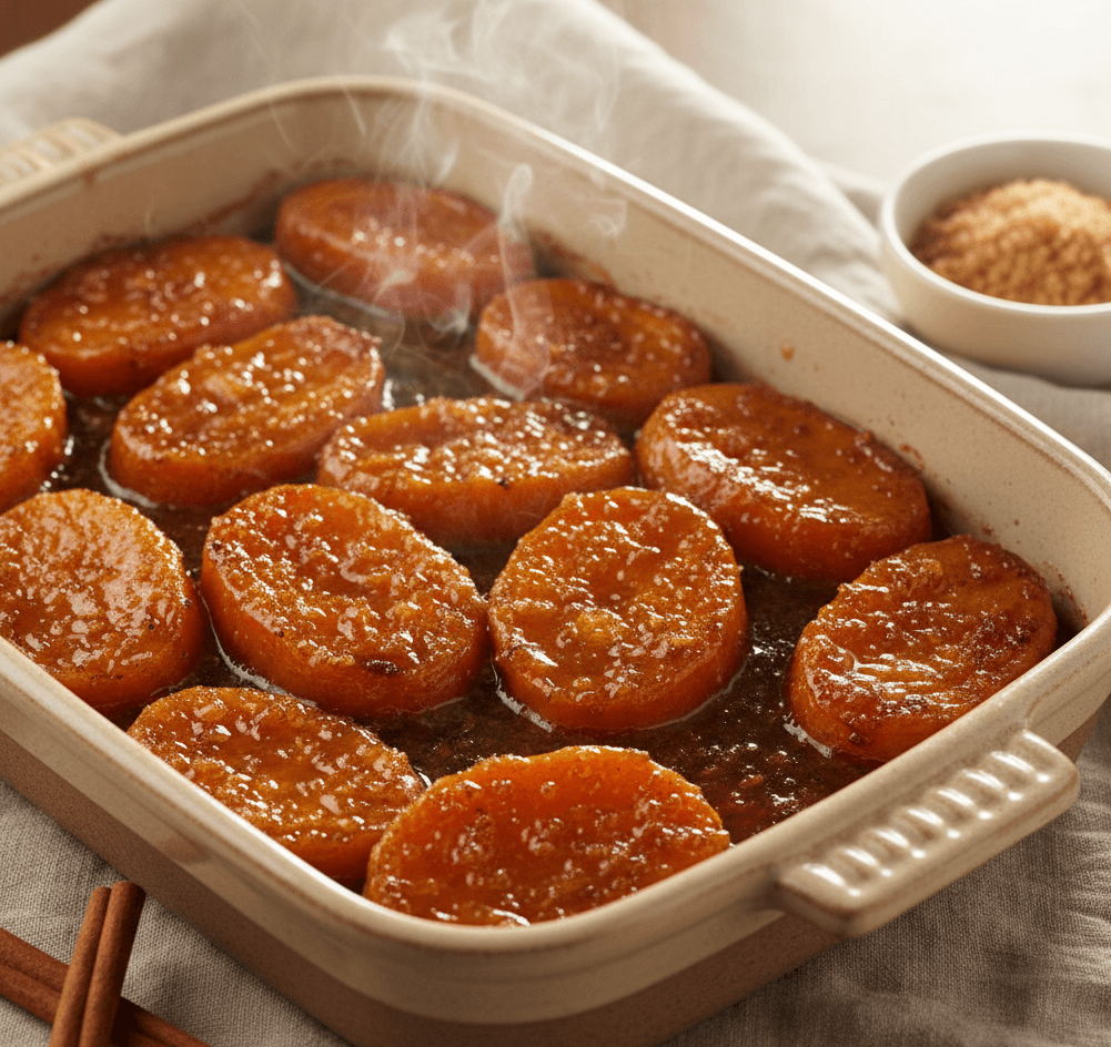 Homemade candied yams coated in buttery brown sugar syrup in a baking dish