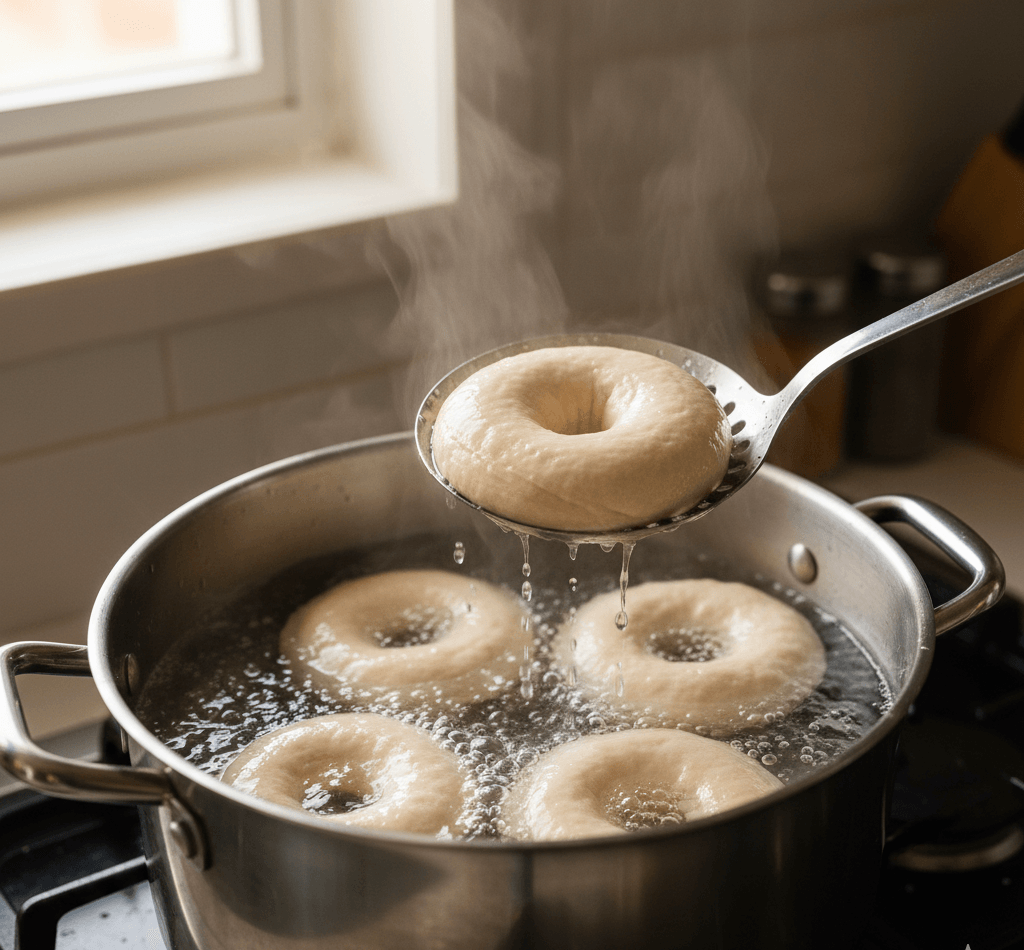 Boiling bagel dough in water before baking for chewy texture